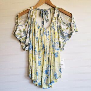 Free People Top Small Baja Babe Yellow Floral Cold Shoulder Flowy Blouse NEW